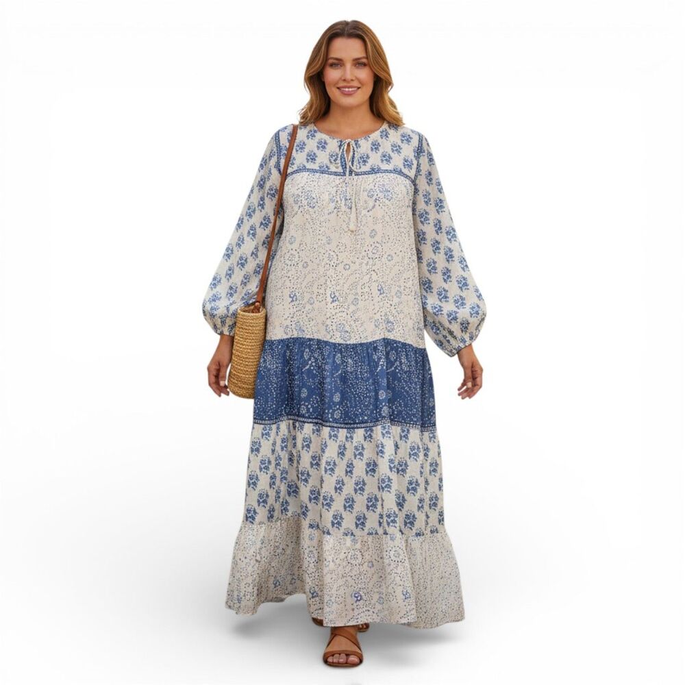 SEE N BE SEEN Heritage Cottage Core Tiered Peasant Dress in Blue, NWT! Size 2XL
